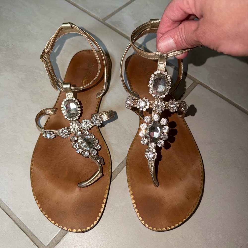 Lilly Pulitzer Gold Jeweled T-Strap Sandals